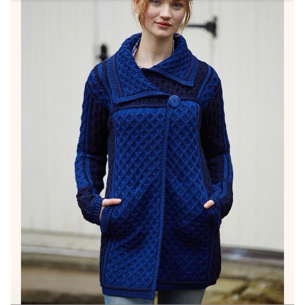 Aran Crafts Ireland Two-Tone Blue Wool Knit Jacket Cardigan Size M